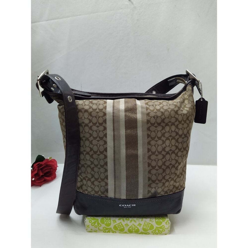 Coach Signature Brown Canvas Stripe Zipper Duffle Crossbody Shoulder Bag